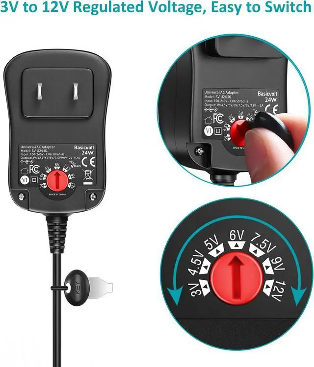 Alt view image 2 of 6 - 24W 3V 4.5V 5V 6V 7.5V 9V 12V Universal AC/DC Adapter Multi-Voltage Regulated Switching Power Supply with 8 Round DC Plugs for LED Strip Light CCTV Camera Speaker Router 2A Max