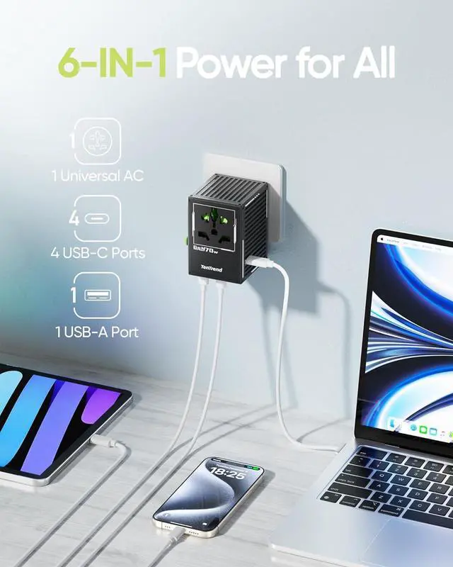 Alt view image 2 of 6 - 70W Universal Travel Adapter with 4 USB-C & 1 USB-A Ports International Power Adapter European Travel Plug Adapter Worldwide Travel Essentials for EU UK AUS USA