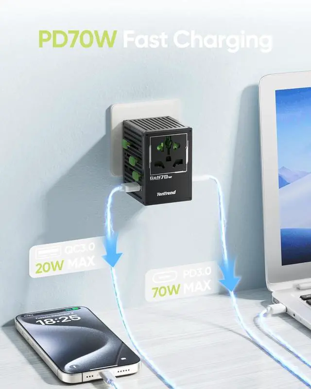 Alt view image 3 of 6 - 70W Universal Travel Adapter with 4 USB-C & 1 USB-A Ports International Power Adapter European Travel Plug Adapter Worldwide Travel Essentials for EU UK AUS USA