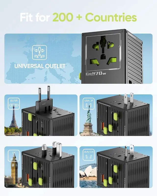 Alt view image 4 of 6 - 70W Universal Travel Adapter with 4 USB-C & 1 USB-A Ports International Power Adapter European Travel Plug Adapter Worldwide Travel Essentials for EU UK AUS USA