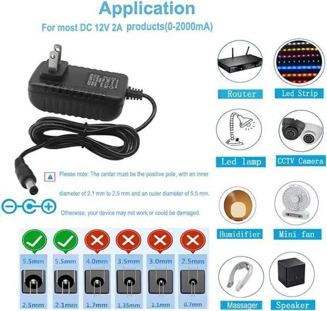 Alt view image 7 of 7 - 12 Volt 2A Power Adapter Supply AC 100-240V to DC 12 V Power Supply Transformer Charger Wall Plug for DC12V Light Security CCTV Camera Black 8x5x3.3 cm