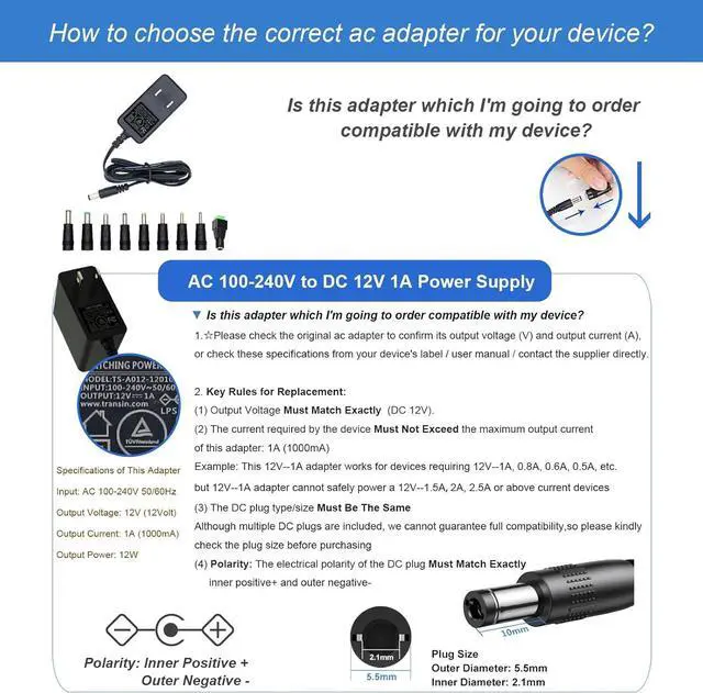 Alt view image 7 of 7 - 12V 1A 0.8A 0.5A 5FT Power Supply Adapter 12W AC DC Adapter with 5.5 x 2.1mm Plug and 9 Interchangeable Jacks Plug for LED Strip Light BT Speaker GPS Webcam Router etc 1 Pack