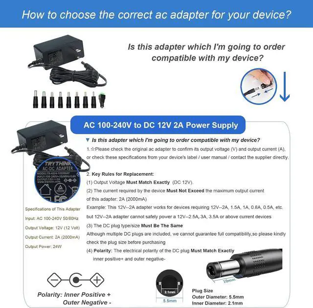 Alt view image 7 of 7 - 12V Power Supply 12V 2A 24W Universal AC to DC Power Supply Adapter with 5.5mm x 2.1mm Tip and 9 Interchangeable Jacks Plug for LED Strip Lights CCTV Cameras Routers Speakers and More 1 Pack