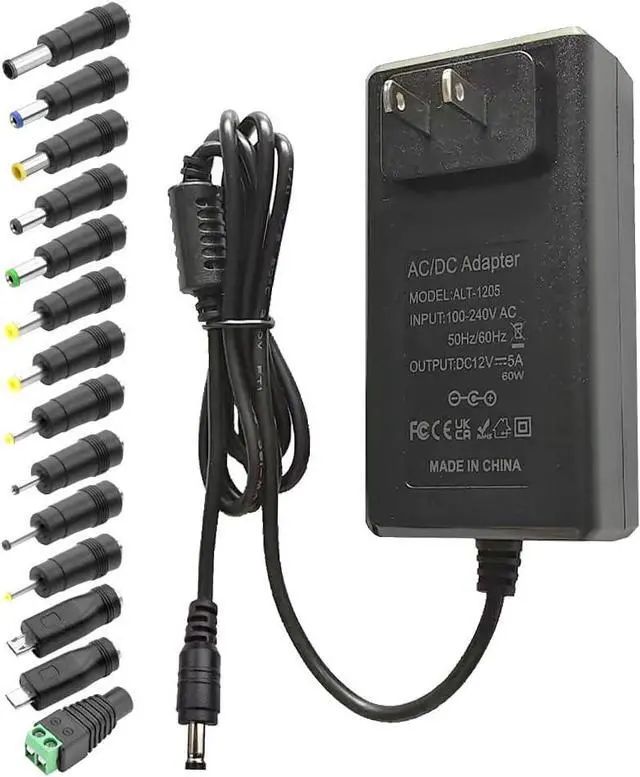 Main image of 12V 5A Power Supply DC Adapter AC 100-240V to DC 12Volt 5Amp 4A 3.5A 3A 2A 1.5A 1A Voltage Converter AC Adapter with 5.5x2.5mm DC Jack and 14 Tips (5A 60W) for LED Strip Lights