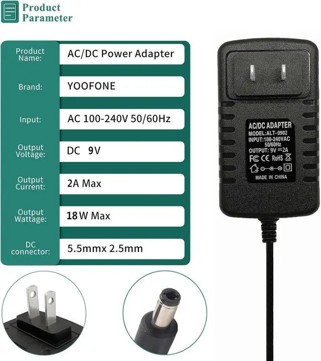 Alt view image 2 of 7 - DC 9V 2A Power Supply AC Adapter 9 Volt 2 Amp Power Adapter Transformer Cord100-240V 50-60Hz AC to DC Converter with 10 Tips & 5.5mm x 2.1mm Reverse Polarity Converter Cable