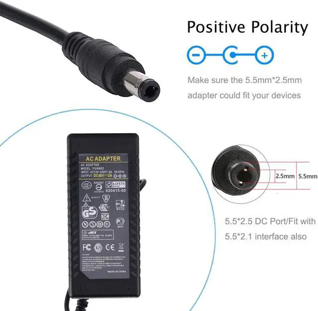 Alt view image 3 of 7 - 48V 2A Power Supply Adapter - AC 100-240V DC 48V2A Output 96W Power Adapter Interface 5.5 x 2.5mm Plug for PoE Switch/PoE Injector
