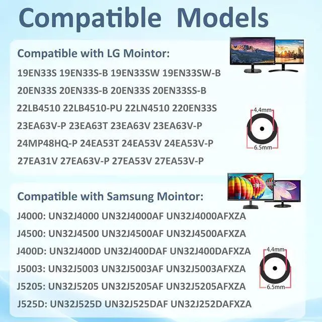 Alt view image 5 of 7 - DC 19V Power Cord TV Charger Compatible with LG Electronics 19 20 22 23 24 27 LED LCD Monitor Widescreen HDTV 24M47H-P 24MP55HQ  32 J5205 J5003 H5000 UN32J4000 UN32J4000AF
