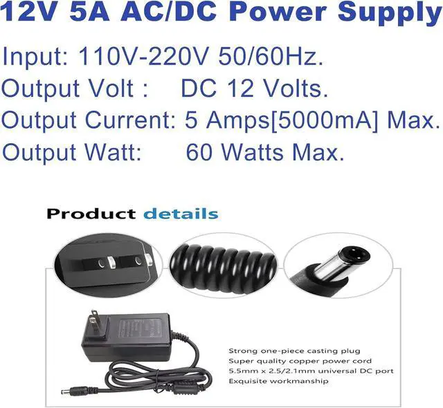 Alt view image 2 of 7 - 12V 5A Power Supply DC Adapter AC 100-240V to DC 12Volt 5Amp 4A 3.5A 3A 2A 1.5A 1A Voltage Converter AC Adapter with 5.5x2.5mm DC Jack and 14 Tips (5A 60W) for LED Strip Lights