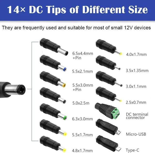 Alt view image 4 of 7 - 12V 5A Power Supply DC Adapter AC 100-240V to DC 12Volt 5Amp 4A 3.5A 3A 2A 1.5A 1A Voltage Converter AC Adapter with 5.5x2.5mm DC Jack and 14 Tips (5A 60W) for LED Strip Lights