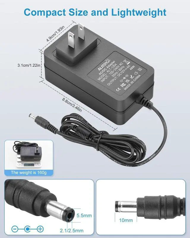 Alt view image 4 of 7 - 12V Power Supply 4A 6.2FT AC/DC Adapter 100~240V 50-60hz to 12V Power Cord Transformer 4 Amp 3A AC to DC Converter with 14 Tips for LED Strip Light CCTV Security Camera PC Monitor Router