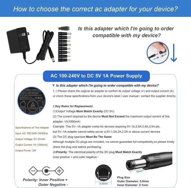 Alt view image 6 of 7 - 5V 1A Wall Charger Power Adapter with Plug 5.5 x 2.1mm 5W Universal AC/DC Adapter 100-240V AC to DC 5V Power Cord Converter with 9 Interchangeable Jacks Plug (1 Pack)