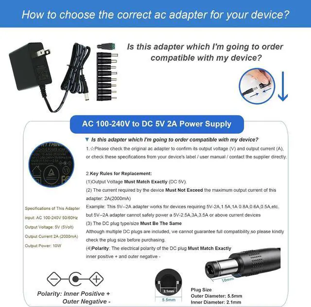 Alt view image 7 of 7 - 5V 2A 1A 0.8A 0.5A Power Supply Adapter 10W Universal AC/DC Adapter 100-240V AC to DC 5V Power Cord Converter with 9 Interchangeable Jacks Plug for USB Hub TV Box Router Camera etc (1 Pack)