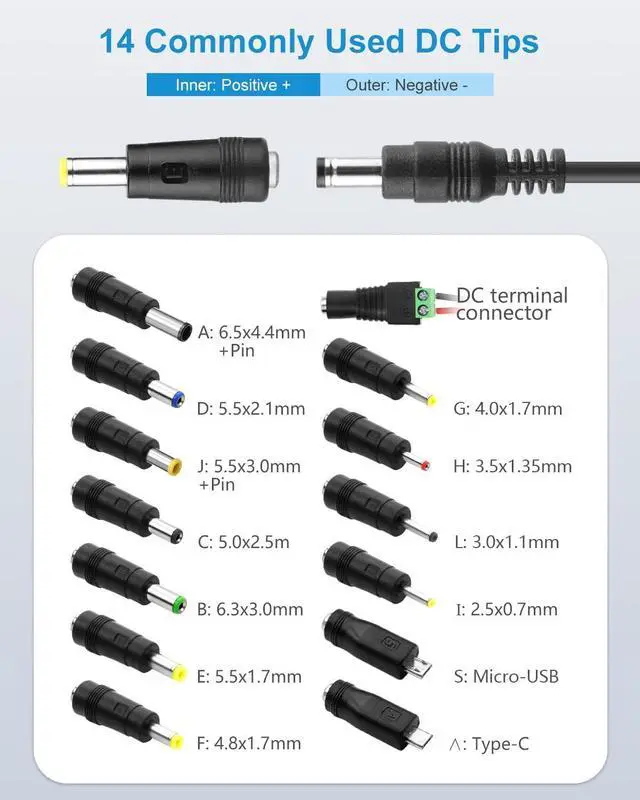 Alt view image 3 of 7 - 12 Volt Power Supply 2.5A AC/DC Adapter 100~240V 50-60hz to DC 12V Power Cord Transformer 2.5 Amp AC to DC Converter 6.2FT with 14 Tips for LED Light CCTV Security Camera PC Monitor Router
