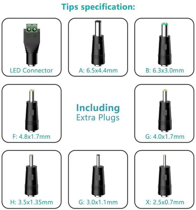 Alt view image 2 of 5 - 12V 2A AC Adapter Charger with 8 Tips ac/dc Adapter 100-240v 50/60hz 12 Volts 2000mA DC in 12V Power Supply Cord for  & WD My Book WD LED Strip Light CCTV Camera Router DC 12V 1.5A 1a Cable