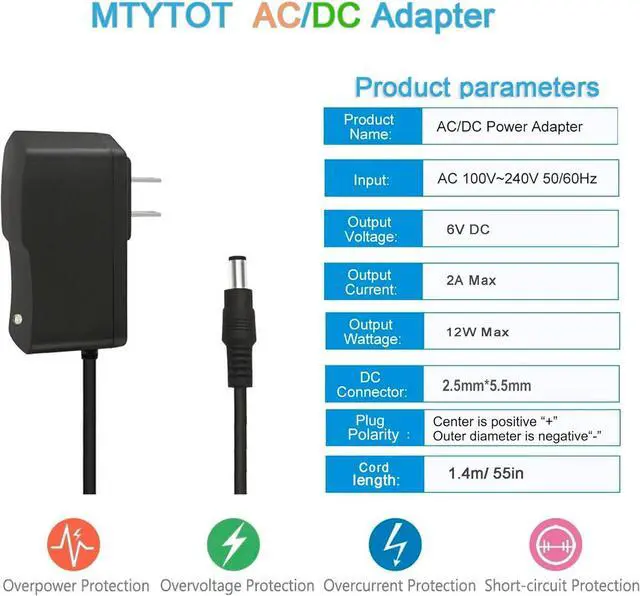 Alt view image 2 of 6 - DC 6V 2A Power Supply Adapter 100-240 AC to 6V 2A (2000mA) Power Adapter DC6V Power Cord /5.5x2.5mm Compatible US Plug AC/DC Transformer