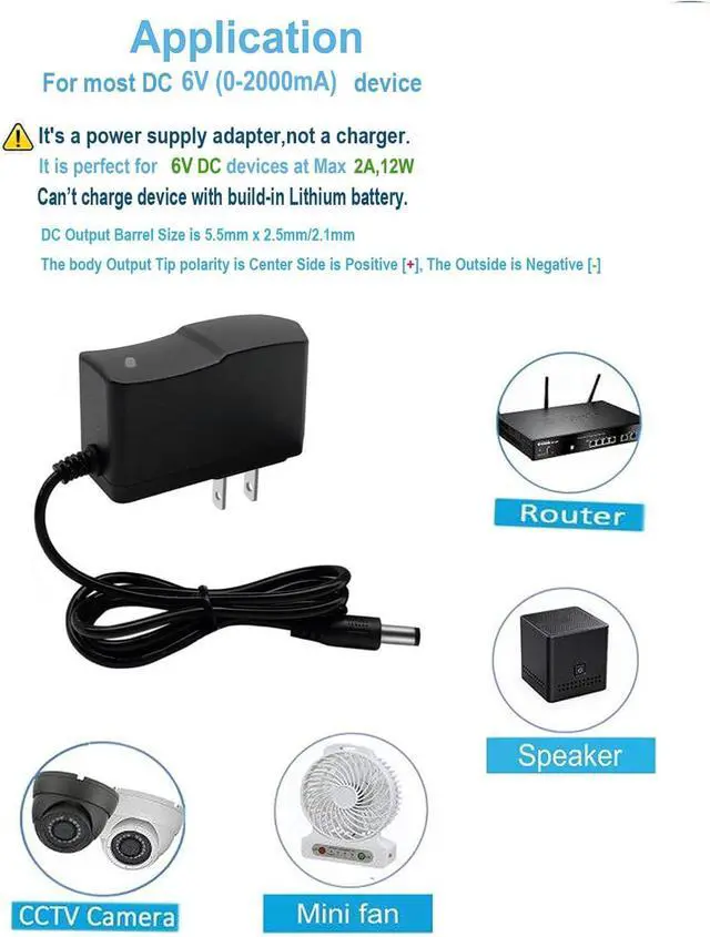 Alt view image 5 of 6 - DC 6V 2A Power Supply Adapter 100-240 AC to 6V 2A (2000mA) Power Adapter DC6V Power Cord /5.5x2.5mm Compatible US Plug AC/DC Transformer