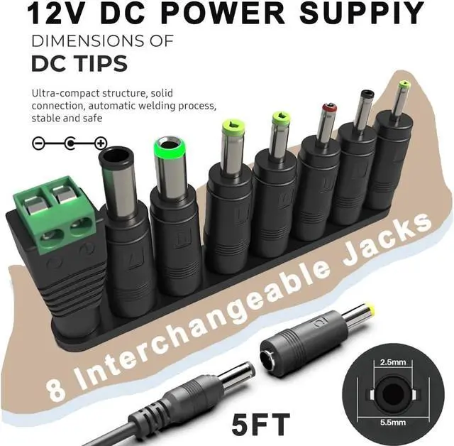 Alt view image 3 of 6 - 12V 2A Power Supply AC Adapter Replacement with 8 Tips Universal Regulated Regulated 12Volts 500mA-2000mA Power Supply Cord for LED Strip Light CCTV Camera BT Speaker GPS Webcam Router DVR