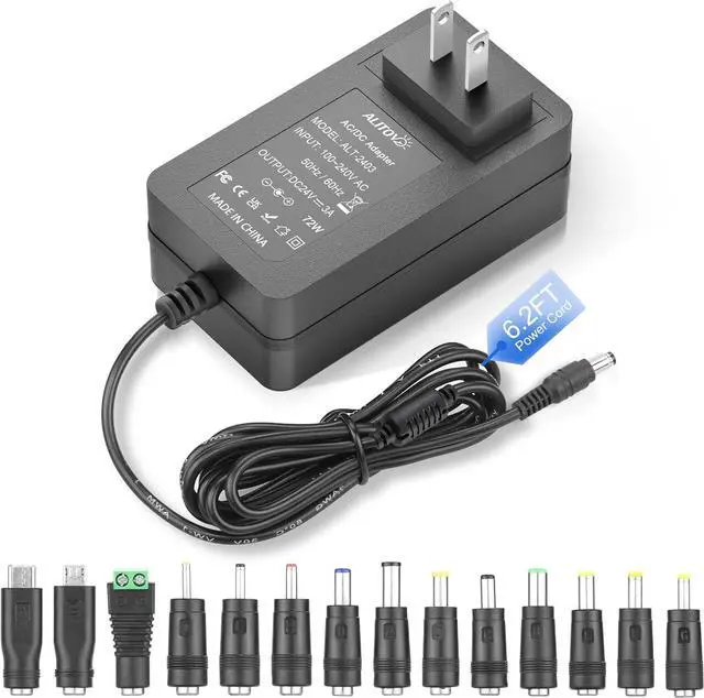 Main image of 24V Power Supply 3A 72W 24 Volt Transformer AC/DC Adapter 100-240V 50-60Hz to DC24V 3 Amp 2A 1A Converter 6.2FT DC Power Cord with 14 Tips for LED Strip Light CCTV Camera System Pump Router