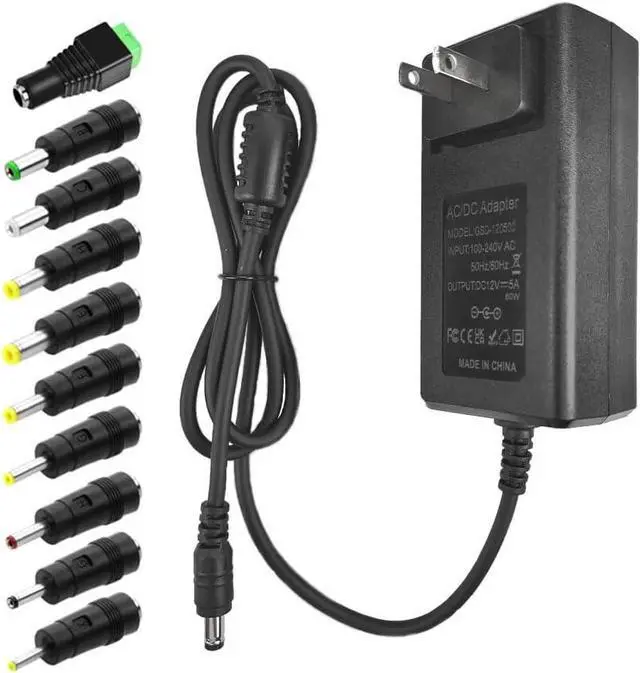 Main image of 12V 5A Power Supply Universal Adapter AC 100-240V to DC 12Volt 5A 4A 3.5A 3A Power Cord with 10 Tips (5.5x2.5mm/4.8x1.7mm) for LED Strip Lights CCTV Cameras Router Modem & More