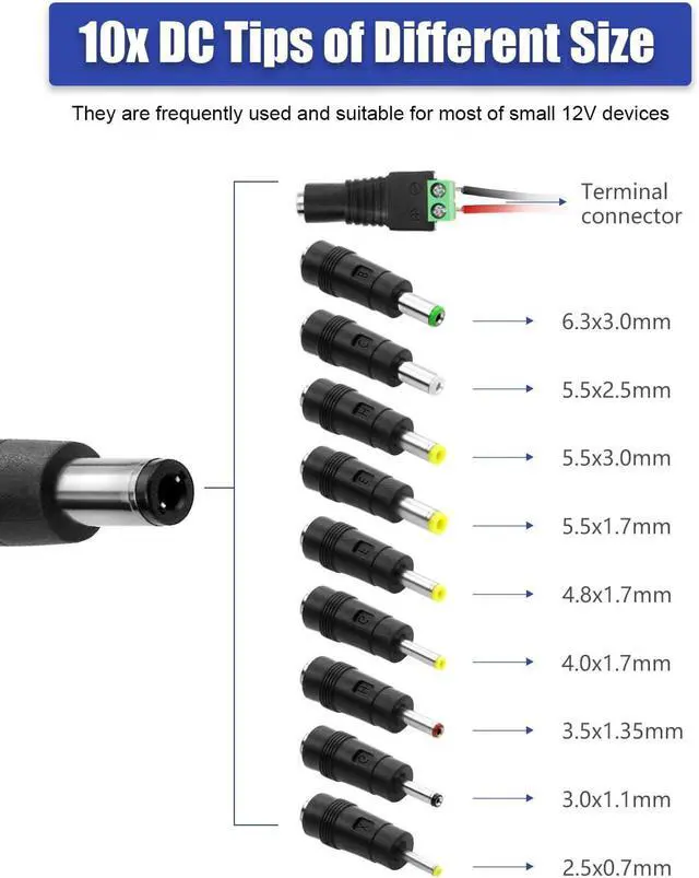 Alt view image 4 of 7 - 12V 5A Power Supply Universal Adapter AC 100-240V to DC 12Volt 5A 4A 3.5A 3A Power Cord with 10 Tips (5.5x2.5mm/4.8x1.7mm) for LED Strip Lights CCTV Cameras Router Modem & More