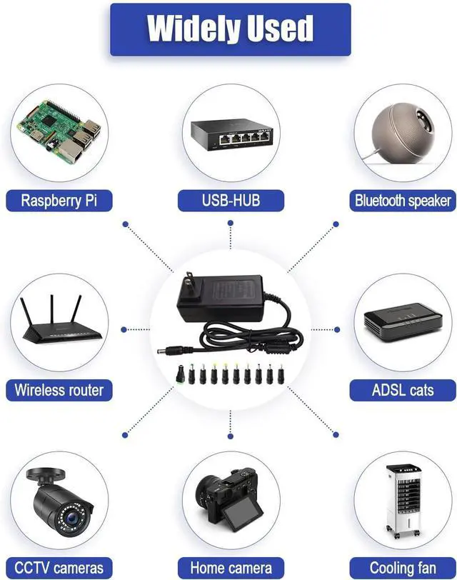 Alt view image 5 of 7 - 12V 5A Power Supply Universal Adapter AC 100-240V to DC 12Volt 5A 4A 3.5A 3A Power Cord with 10 Tips (5.5x2.5mm/4.8x1.7mm) for LED Strip Lights CCTV Cameras Router Modem & More