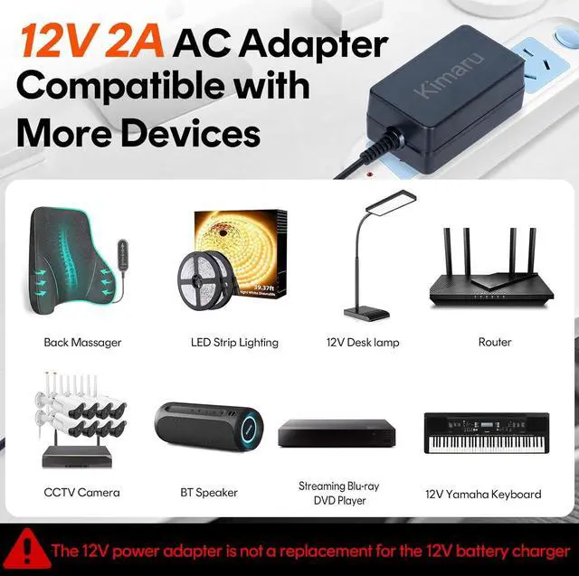 Alt view image 3 of 5 - 12V 2A Power Adapter for LED Strip Light CCTV Camera Webcam Router GPS BT Speaker Yamaha Keyboard Regulated 12 Volts 2000mA Power Supply Cord DC 12V Transformer with 5 Tips.