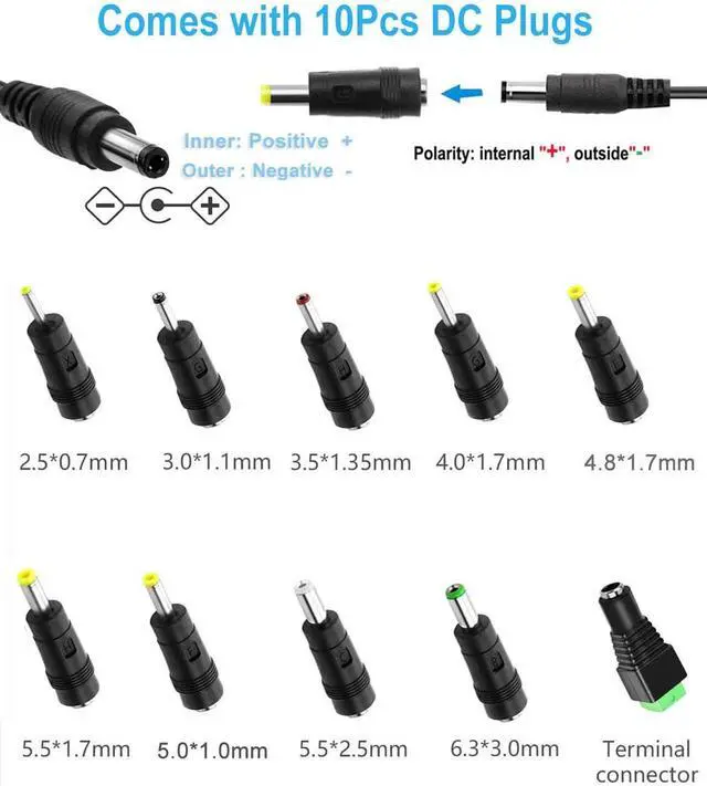 Alt view image 4 of 7 - 12V 2A DC Power Supply 24W AC Adapter 100-240v 50-60hz ac to 12 Volt 2000mA Transformer DC 12v Power Adapter Cord Replacement with 10 Tips for dc12v LED Strip Light CCTV Camera