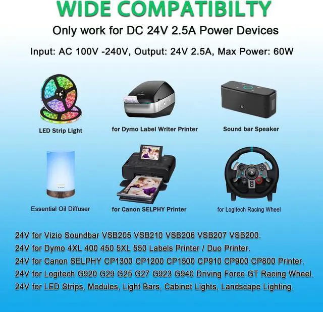 Alt view image 3 of 7 - 24V 2.5A DC Power Supply Adapter AC 100-240V 50-60Hz to 24Vdc 2.5Amps Transformer for 24Volts 0.1A~2.5A 1A 1.5A 2A Devices.