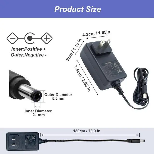Alt view image 2 of 7 - 24V 1A Power Supply 6 FT Power Cord ETL Certified AC 100V-240V to DC 24 Volt Power Supply Adapter with 5.5mm x 2.1mm Plug and 9 Interchangeable Plug for LED Strip Lights CCTV Camera DC Pump etc