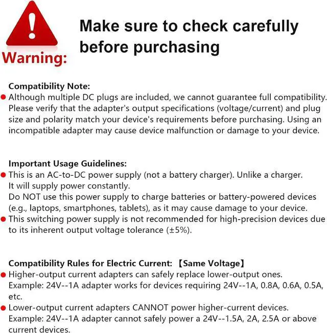 Alt view image 6 of 7 - 24V 1A Power Supply 6 FT Power Cord ETL Certified AC 100V-240V to DC 24 Volt Power Supply Adapter with 5.5mm x 2.1mm Plug and 9 Interchangeable Plug for LED Strip Lights CCTV Camera DC Pump etc