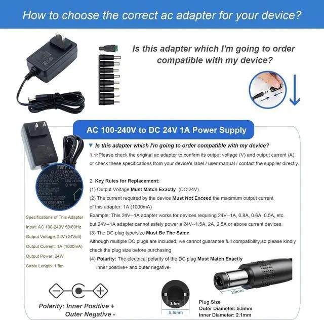 Alt view image 7 of 7 - 24V 1A Power Supply 6 FT Power Cord ETL Certified AC 100V-240V to DC 24 Volt Power Supply Adapter with 5.5mm x 2.1mm Plug and 9 Interchangeable Plug for LED Strip Lights CCTV Camera DC Pump etc