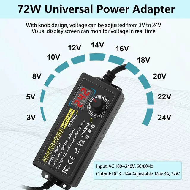 Alt view image 2 of 7 - Adjustable Power Adapter 3V ~ 24V Universal Power Supply 3A 72W AC/DC Adapter Variable DC Power Supply AC 100V-240V Universal AC Adapter Converter Transformer with Test Leads