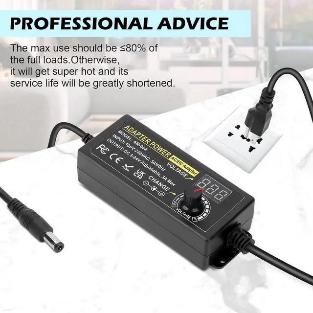 Alt view image 6 of 7 - Adjustable Power Adapter 3V ~ 24V Universal Power Supply 3A 72W AC/DC Adapter Variable DC Power Supply AC 100V-240V Universal AC Adapter Converter Transformer with Test Leads