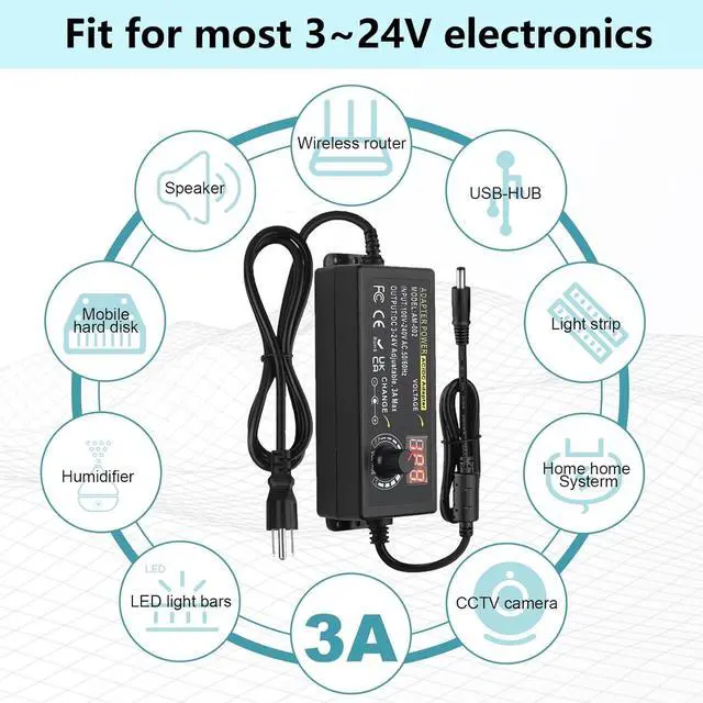 Alt view image 7 of 7 - Adjustable Power Adapter 3V ~ 24V Universal Power Supply 3A 72W AC/DC Adapter Variable DC Power Supply AC 100V-240V Universal AC Adapter Converter Transformer with Test Leads
