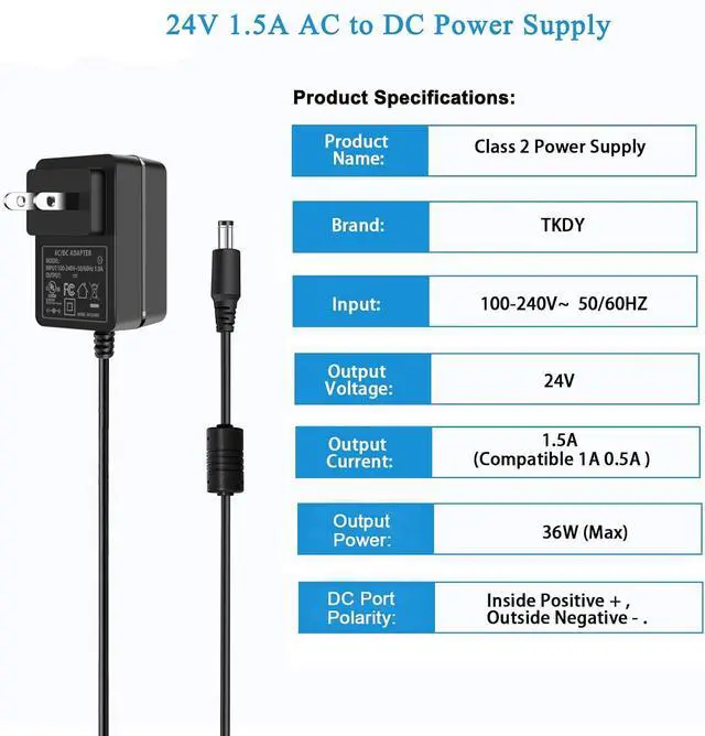 Alt view image 2 of 7 - 24V 1.5A DC Power Supply Cord 100-240V AC to DC 24 Volts Compatible with 24Vdc 1.5A 1A 0.5A 500mA Led Strip Light Essential Oil Diffuser Power Adapter with 5 Tips (Not Battery Charger).