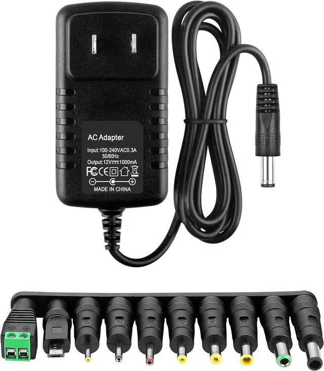 Main image of 12V 1A Power Supply AC Adapter 12 Volt Charger Universal Power Adapter for DC in 12V Power Cord with 10 Interchangeable Jacks for 1000mA 900mA 800mA 600mA 500mA 400mA 300mA 100mA Electronic