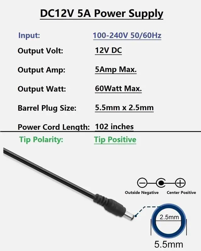 Alt view image 2 of 7 - 12V 5A Power Supply Adapter 60W AC Adapter 100-240V 50-60Hz to DC 12 Volt 5 Amp Cord with 5.5mm x 2.5mm Barrel Plug 12VDC AC/DC Switching Transformer Converter
