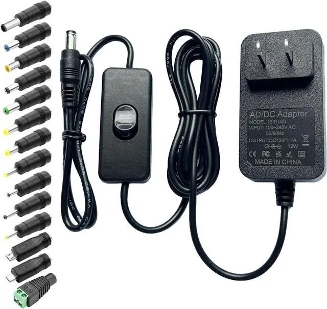 Main image of 12V 1A Power Supply DC Adapter with ON/Off Switch AC 100-240V to DC 12Volt 1Amp 1000mA 0.5A 500mA Universal Power Supply 6.2ft Power Cord for LED Strip Lights CCTV Routers (5.5x2.5mm + 14 Tips)