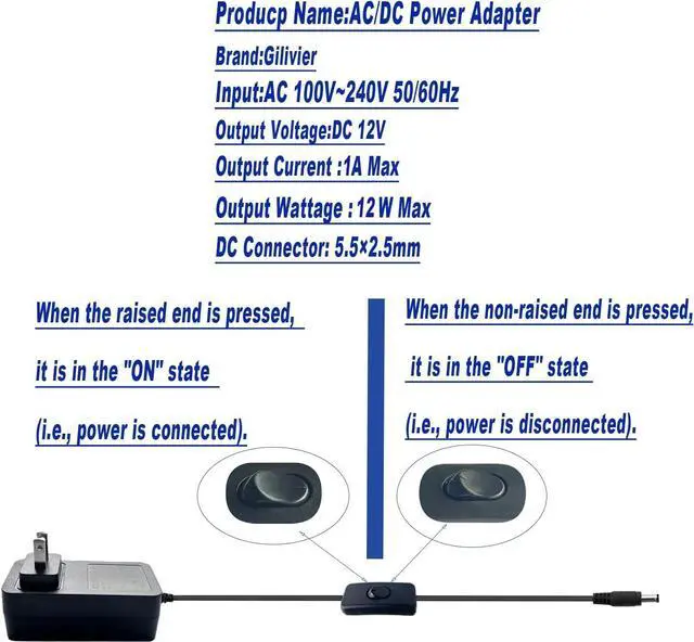 Alt view image 2 of 6 - 12V 1A Power Supply DC Adapter with ON/Off Switch AC 100-240V to DC 12Volt 1Amp 1000mA 0.5A 500mA Universal Power Supply 6.2ft Power Cord for LED Strip Lights CCTV Routers (5.5x2.5mm + 14 Tips)