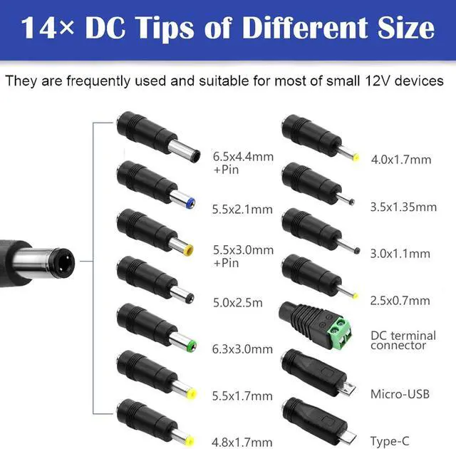 Alt view image 4 of 6 - 12V 1A Power Supply DC Adapter with ON/Off Switch AC 100-240V to DC 12Volt 1Amp 1000mA 0.5A 500mA Universal Power Supply 6.2ft Power Cord for LED Strip Lights CCTV Routers (5.5x2.5mm + 14 Tips)