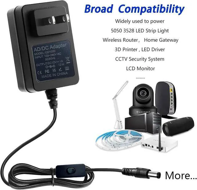 Alt view image 6 of 6 - 12V 1A Power Supply DC Adapter with ON/Off Switch AC 100-240V to DC 12Volt 1Amp 1000mA 0.5A 500mA Universal Power Supply 6.2ft Power Cord for LED Strip Lights CCTV Routers (5.5x2.5mm + 14 Tips)