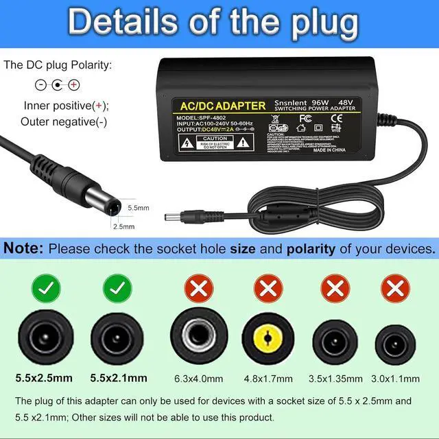Alt view image 4 of 7 - 48V 2A Power Supply Adapter AC 100-240V to DC 48V 2A Power Adapter Chager Interface 5.5 x 2.5mm Plug