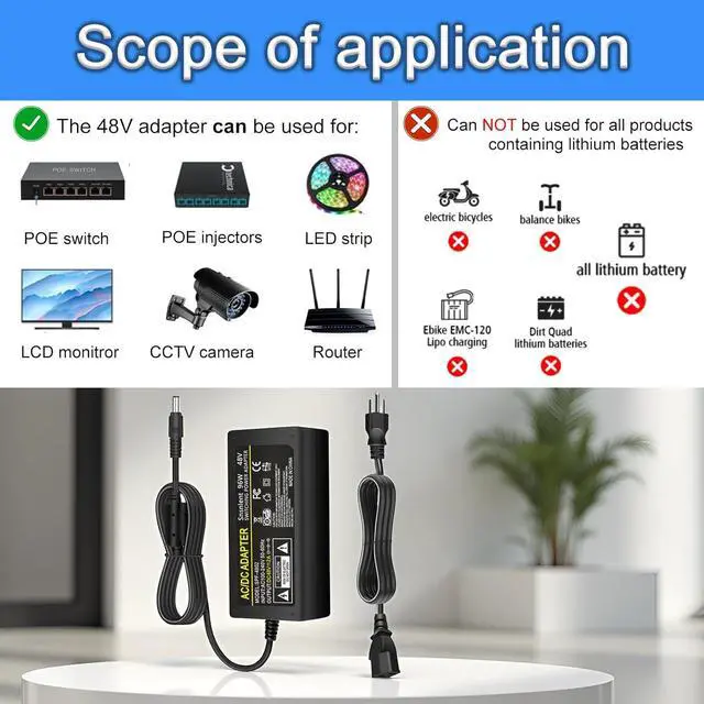 Alt view image 6 of 7 - 48V 2A Power Supply Adapter AC 100-240V to DC 48V 2A Power Adapter Chager Interface 5.5 x 2.5mm Plug