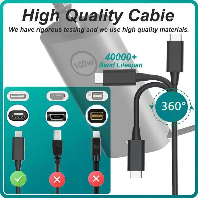 Alt view image 4 of 6 - 100W USB C Laptop Charger for  Precision 5680 3580 3580 3580 3581 Latitude 5340 7640 7640 7340 5440 5540 9440 Inspiron 14 16 5445 Plus 7430 7440 2in1 XPS 14 9440 AC Adapter Power Supply Cord Plug