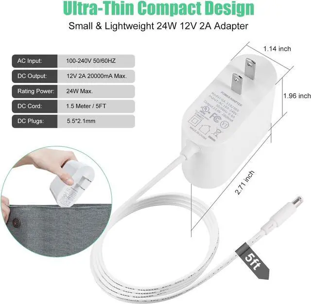 Alt view image 2 of 7 - 12V 2A Power Supply Adapter UL-Listed 240V AC to 12V DC Adapter Transformer 12 Volt 2 Amp 24W Wall Charger for LED Strip Lights Security Camera 5.5x2.1mm US Plug
