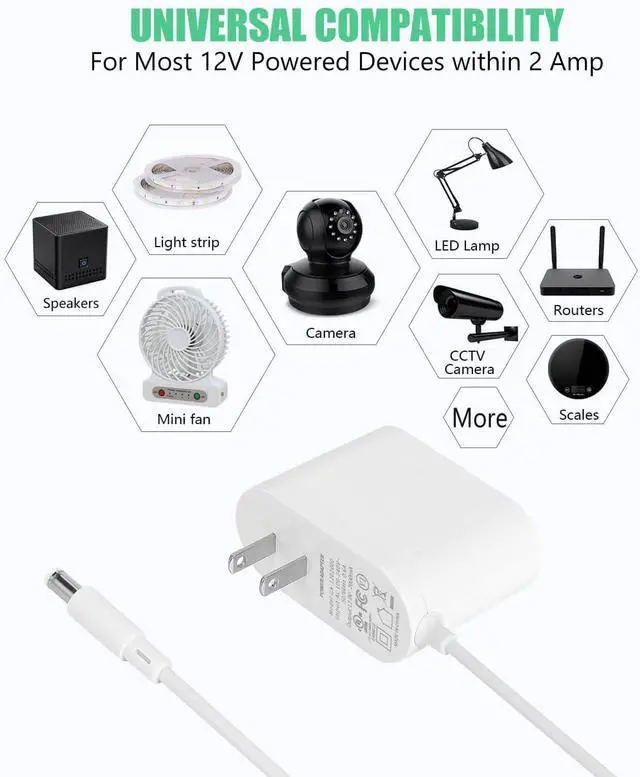 Alt view image 6 of 7 - 12V 2A Power Supply Adapter UL-Listed 240V AC to 12V DC Adapter Transformer 12 Volt 2 Amp 24W Wall Charger for LED Strip Lights Security Camera 5.5x2.1mm US Plug