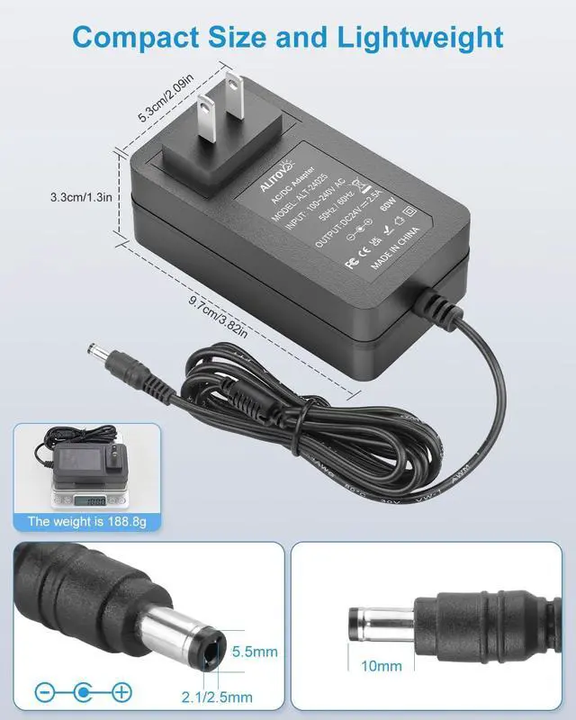 Alt view image 5 of 7 - 24V Power Supply 2.5A 60W AC Adapter 100-240V 50-60Hz 24 Volt Transformer Power Cord 2 Amp 1500mA 1A Converter 6.2FT with 14 Tips for LED Strip Light CCTV Camera DC Pump Router