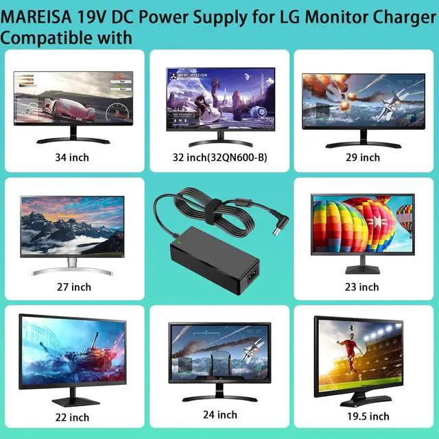 Alt view image 2 of 7 - 19V DC Power Supply Replacement for LG Monitor Charger 19V 3.42A Power Adapter Compatible with LG 34 32 29 27 24 23 22 20 19 LCD LED HD TV Monitor Power Cord