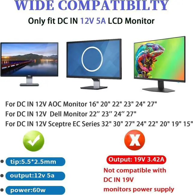 Alt view image 3 of 7 - 12V 5A Monitor Power Supply Cord 100-240V AC to DC in 12 Volt 5A Compatible for AOC Monitor 16 20 22 23 24 27 for  Monitor 22 23 24 27 Power Adapter.