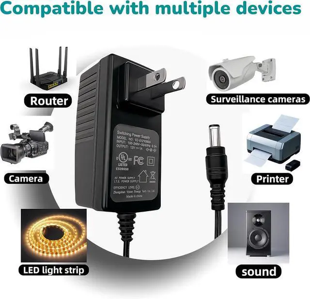 Alt view image 2 of 6 - DC 12V 1A-2A Power Supply Adapter 100-240V 50-60Hz Equipped with a 5.5mm×2.1mm DC Male Plug (12V 1A)